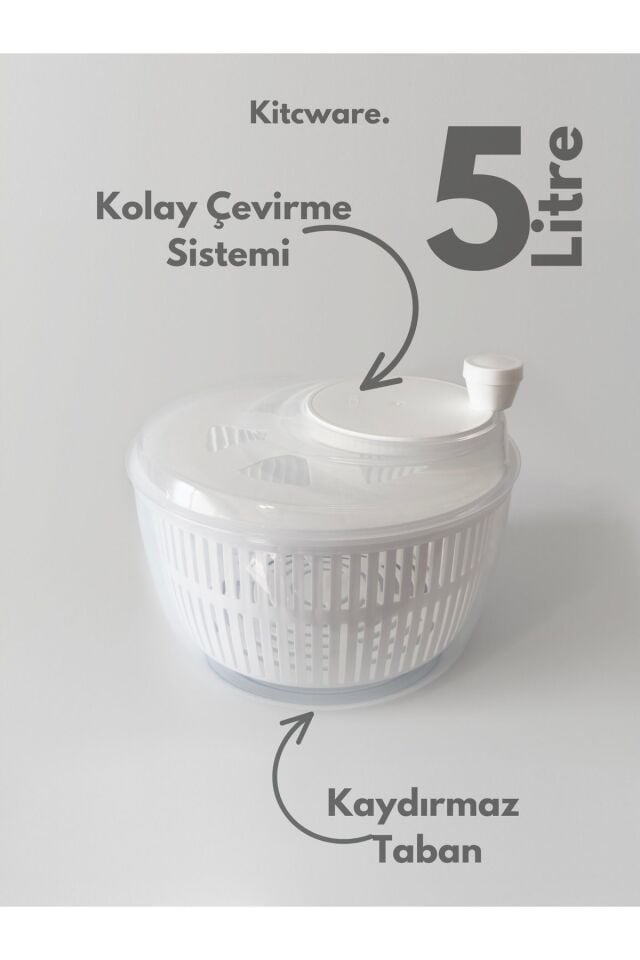 Salata ve Sebze Kurutucu, Pratik Hızlı Kurutucu, Salata Kurutucu, Büyük Boy - 5 Litre